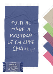 Telo Mare Con Frange Asciugamano Da Spiaggia Misura Grande 90x180 Cm Con Pochette Astuccio Assorbente In Morbido Cotone Leggero Stampa Tutti Al Mare AntiSabbia Lettino Vacanze Piscina Blu
