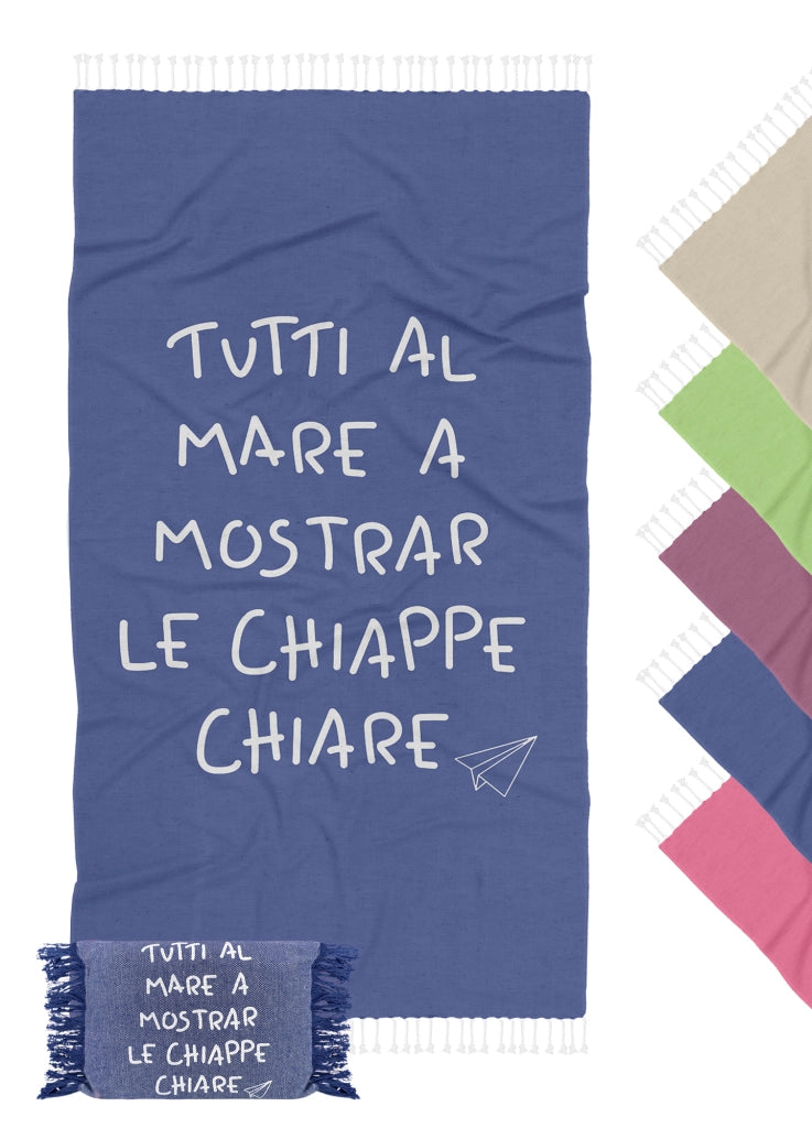 Telo Mare Con Frange Asciugamano Da Spiaggia Misura Grande 90x180 Cm Con Pochette Astuccio Assorbente In Morbido Cotone Leggero Stampa Tutti Al Mare AntiSabbia Lettino Vacanze Piscina Blu