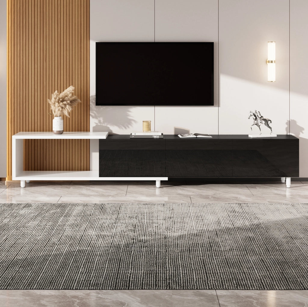 Mobile TV 258x38x48.5 cm allungabile con 3 ante; MDF e pannello truciolare; nero e bianco