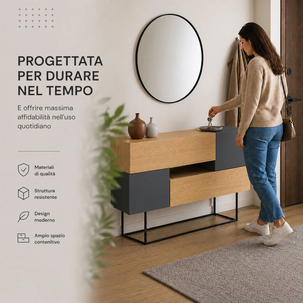 Madia Consolle Moderna 145 cm con 2 Ante 2 Cassetti Quercia e Antracite