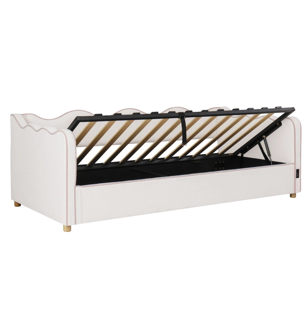 Letto imbottito 90x200 cm con contenitore idraulico; presa USB/Type-C; bouclé beige