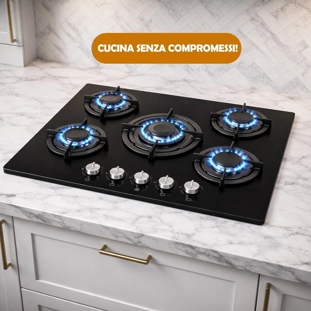 Piano Cottura in Vetroceramica Nero 5 Fuochi Ghisa Bruciatore a Incasso in Vetro