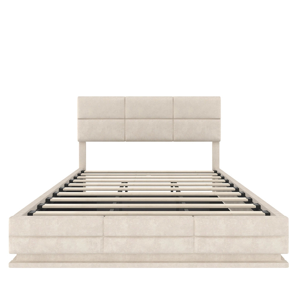 Letto 180x200cm imbottito - Xylo - velluto beige USB idraulico LED