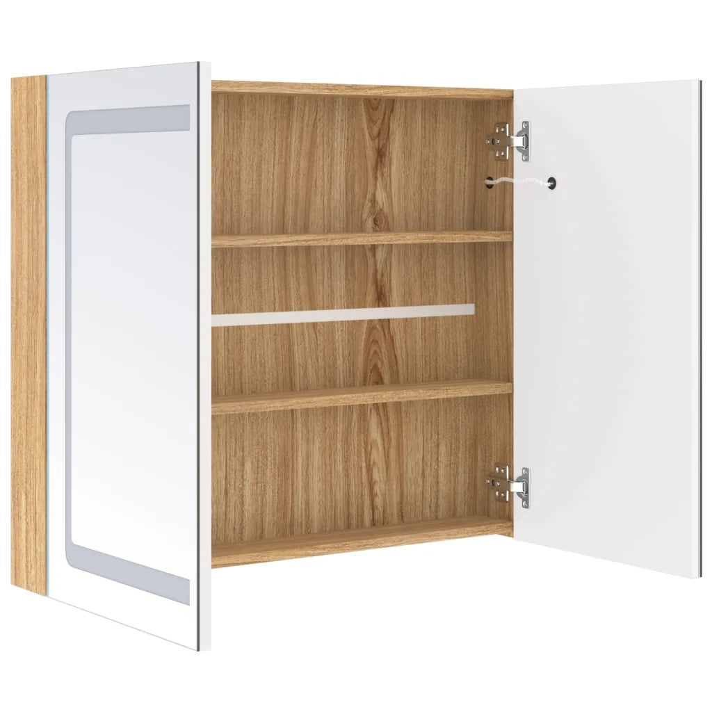Armadietto Bagno con Specchio e LED-Mobile bagno con specchio Bianco e Rovere 80x12x68 cm