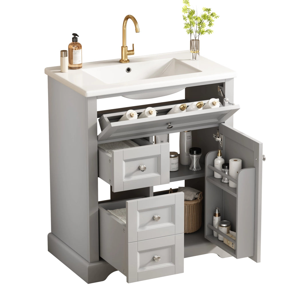 Mobile lavabo da bagno a pavimento 76x46x87 cm grigio con lavabo in ceramica, 2 cassetti, ripiano regolabile e chiusura ammortizzata