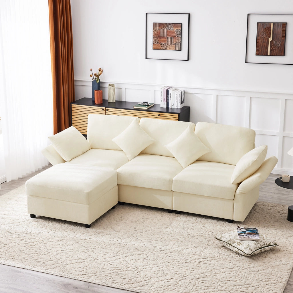 Divano Angolare Convertibile 3-4 Posti con Pouf Mobile, Braccioli Regolabili, in Ciniglia Beige