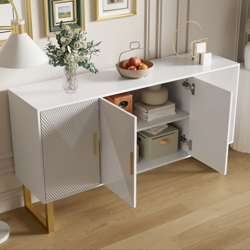 Credenza moderna di lusso con 4 ante, ripiani regolabili, porte lucide strutturate e dettagli oro, bianca 150 × 40 × 82 cm