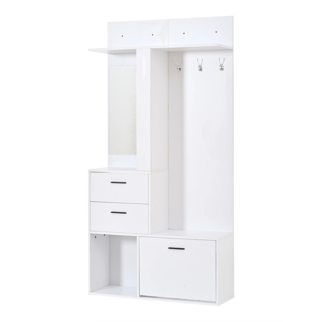 Garderobiera salvaspazio bianca 90x30x180 cm con specchio, 2 cassetti, appendiabiti, scarpiera estraibile e ripiani