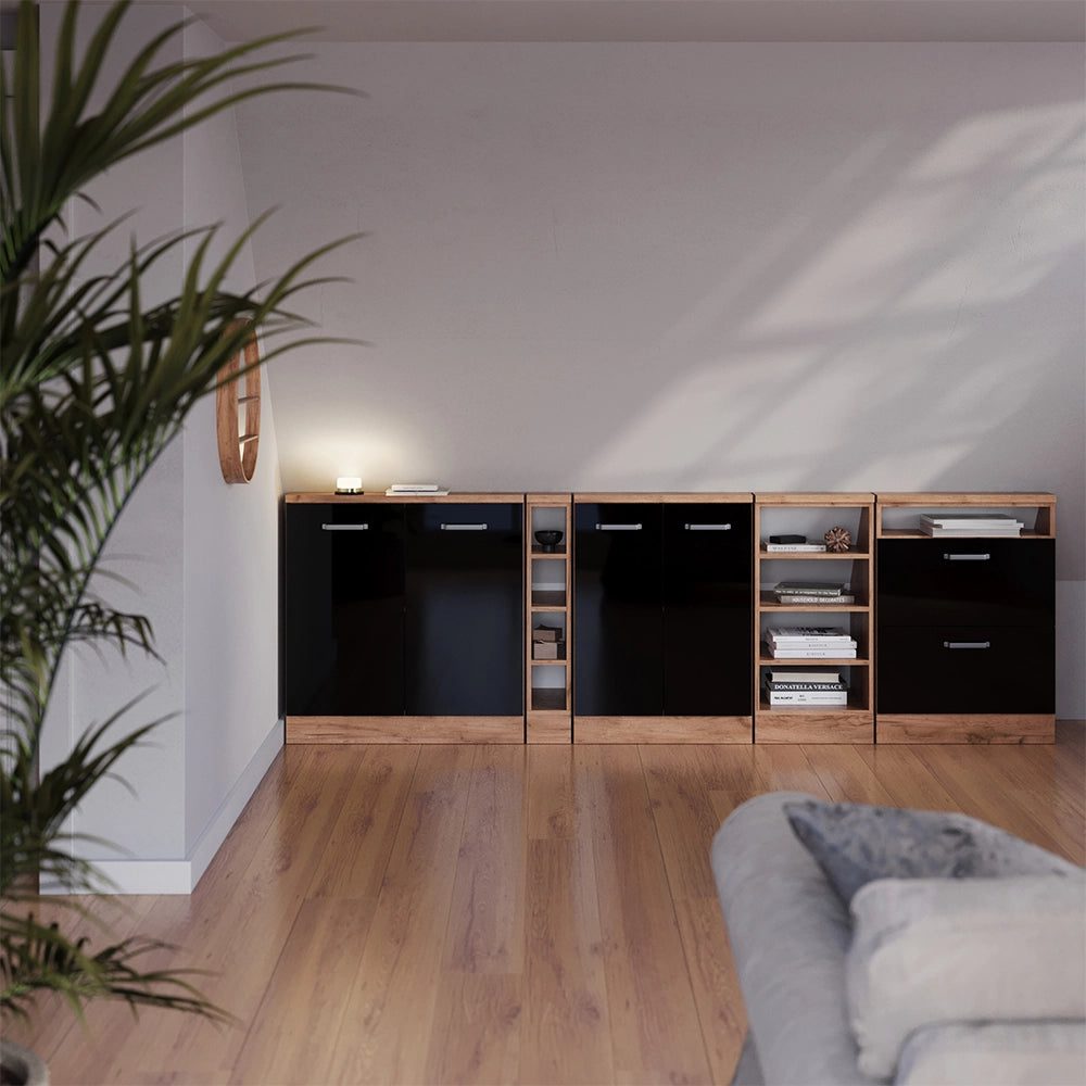 Set di mobili sottotetto Rion Nero lucido/Rovere dorato Set di 5 Vicco