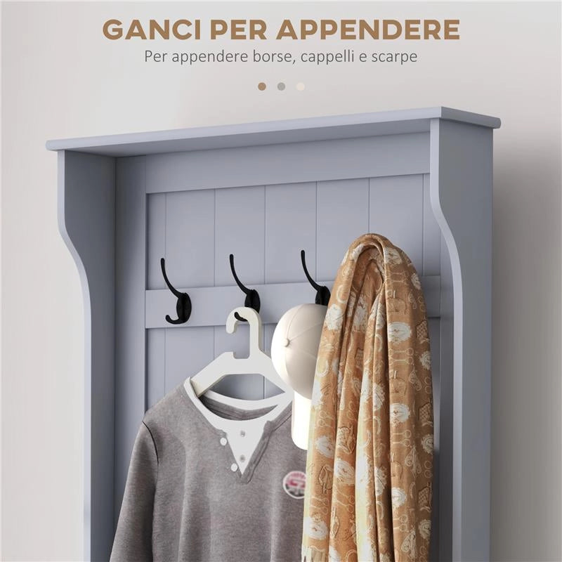 MOBILE APPENDIABITI 3 IN 1 CON 4 GANCI E PANCA CONTENITORE IN LEGNO 71.5X39.5X170 CM GRIGIO