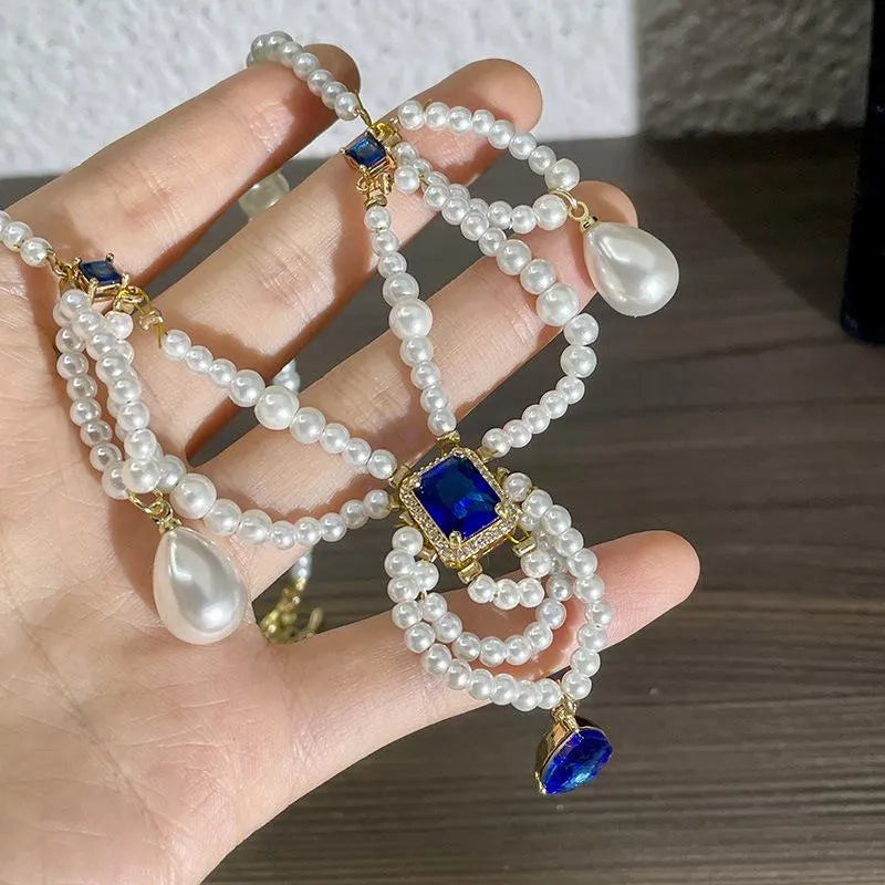 Collana vintage a pi¨´ strati con perle e gocce blu, regalo di Natale o compleanno.