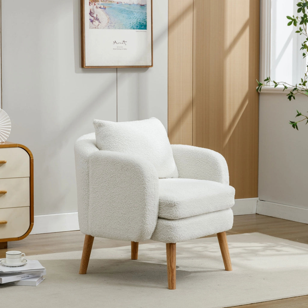 Poltrona in tessuto teddy con cuscino lombare e seduta da 14 cm, struttura in legno massello bianco 71 × 72 × 71 cm