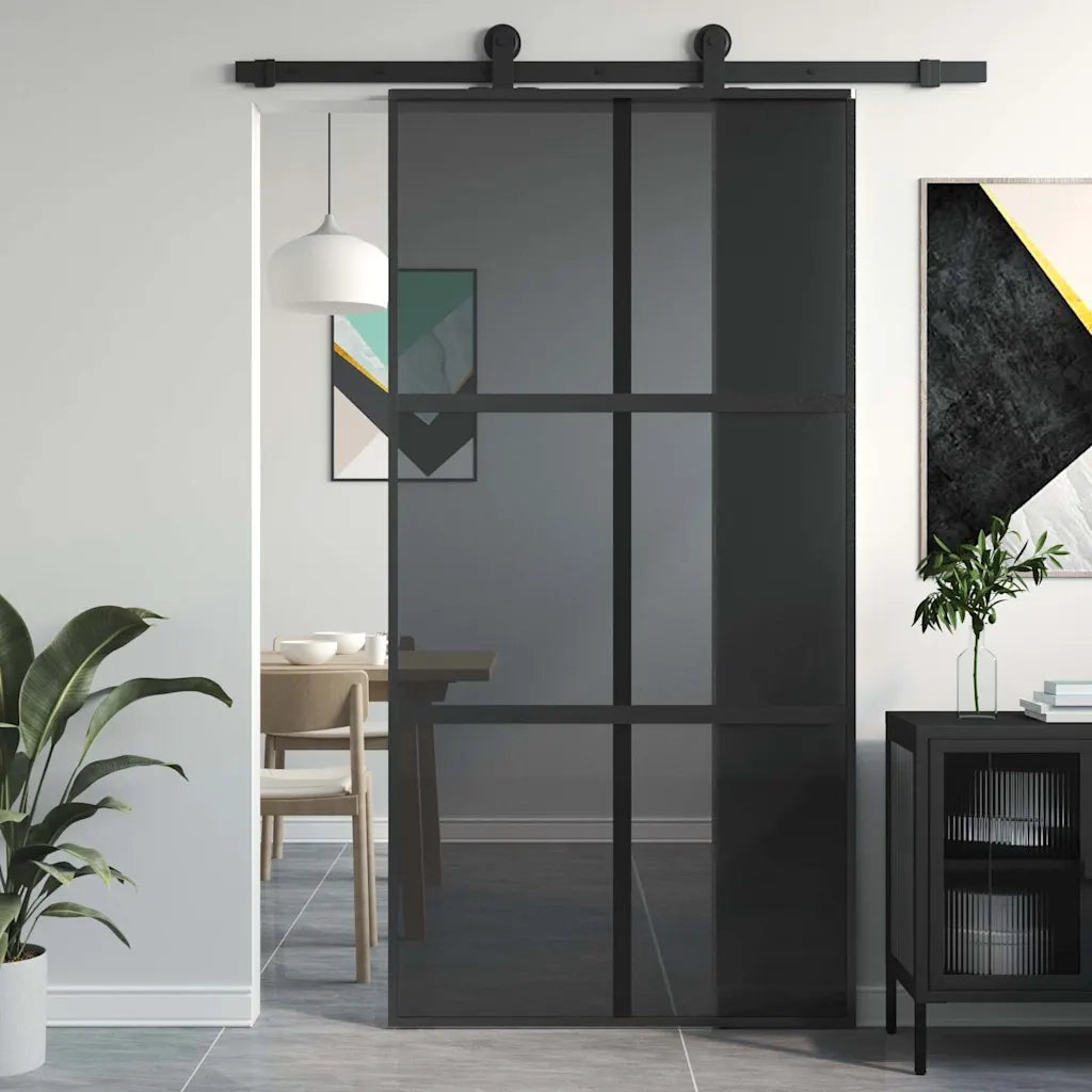 Porta Scorrevole Nera 102,5x205 cm Vetro Temperato e Alluminio 155215
