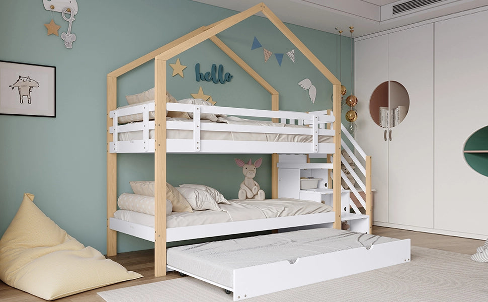 DESMIU Letto a castello 90 × 200 cm e 90 × 190 cm 2 posti con scala con cassetti e materasso senza