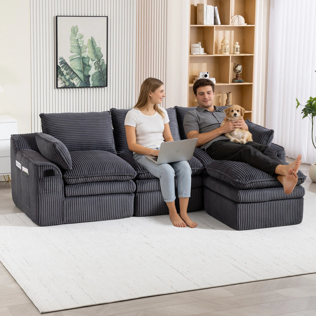 Divano 3 Posti con Poggiapiedi ¨C MINIMAL ¨C Tessuto Grigio Scuro, Cuscini, Velluto