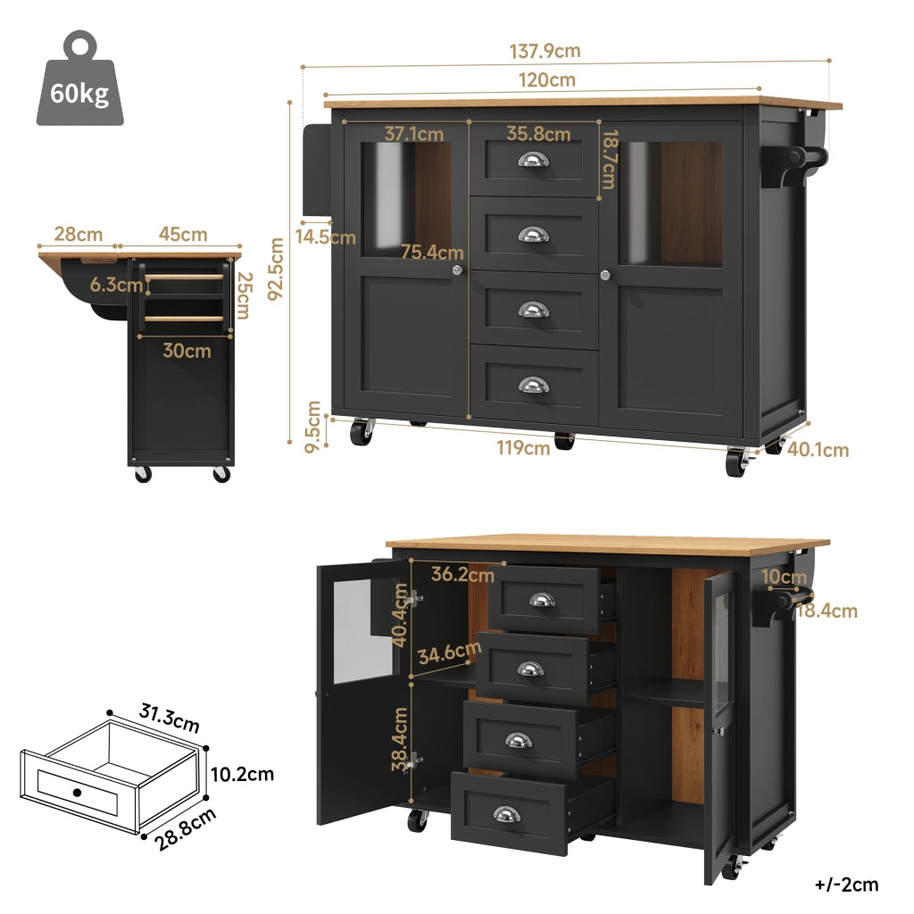 OKWISH Carrello da Cucina con 2 Ante e 4 Cassetti, Piano Pieghevole, Portaasciugamani, per Cucina, Nero