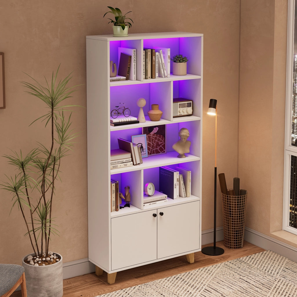 Libreria con 2 Ante e 7 Vani; LED Multicolore; Piedini in Legno Massello; in MDF; 80×30×173 cm; Bianco