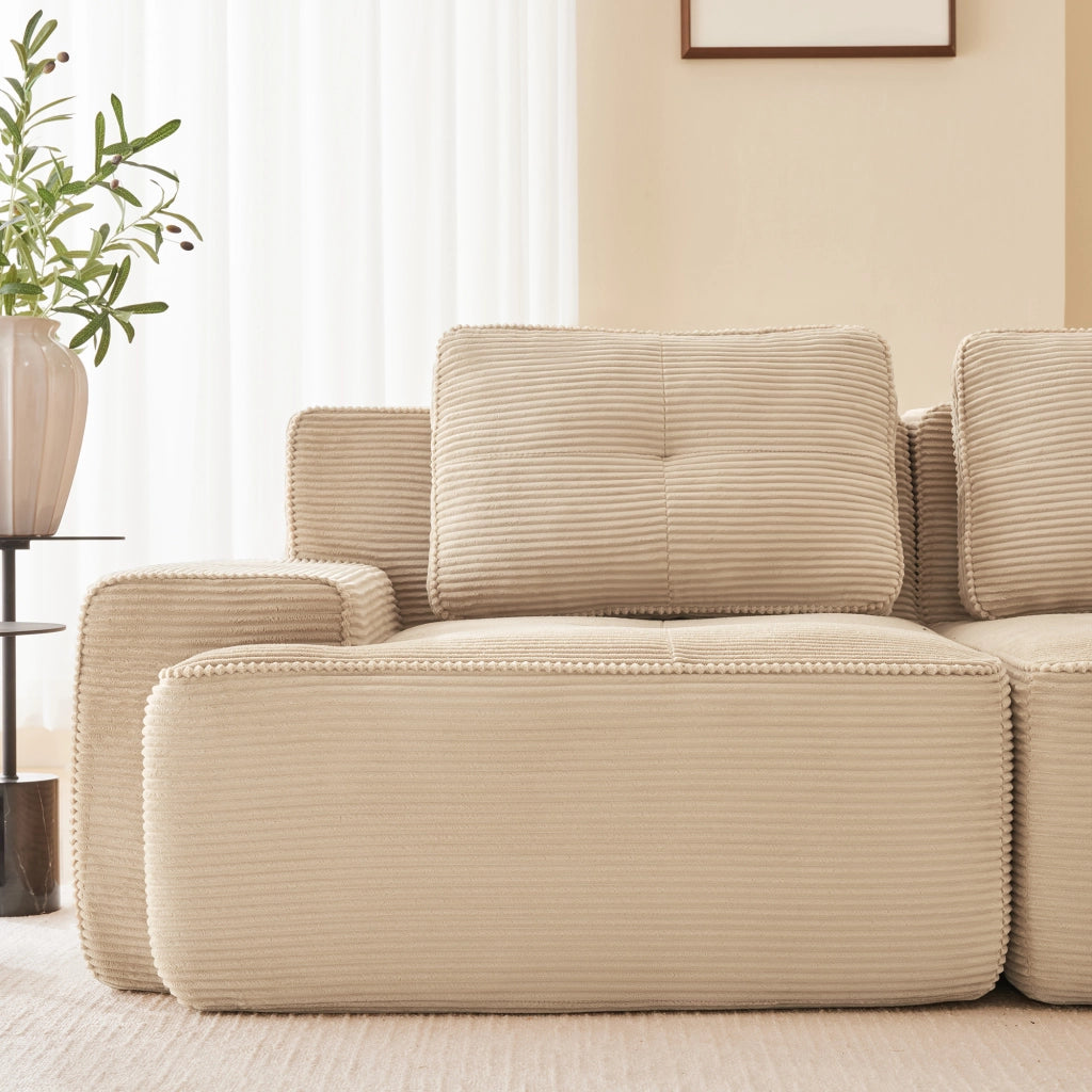 Divano modulare 3 posti; seduta profonda 74 cm; base antiscivolo; in velluto a coste beige