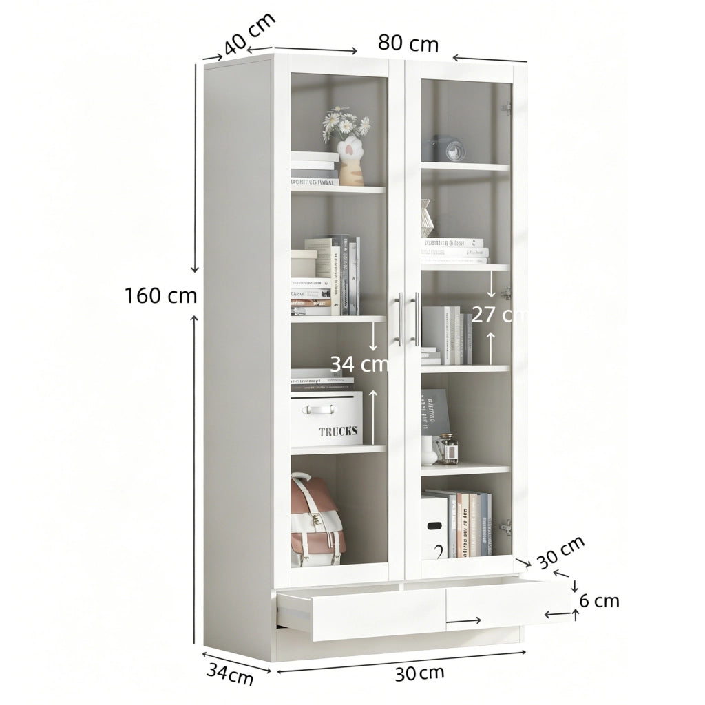 Vetrina con ante in vetro e 2 cassetti, 9 vani e ripiani, per soggiorno e ufficio, bianco, 80 × 40 × 160 cm