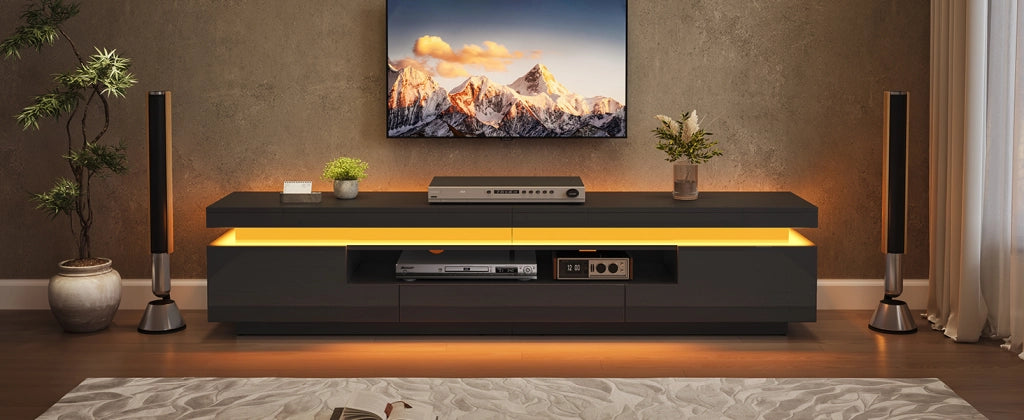Mobile porta TV con LED 2 ante a L 1 cassetto e vano semichiuso per soggiorno nero 175 × 38 × 45 cm