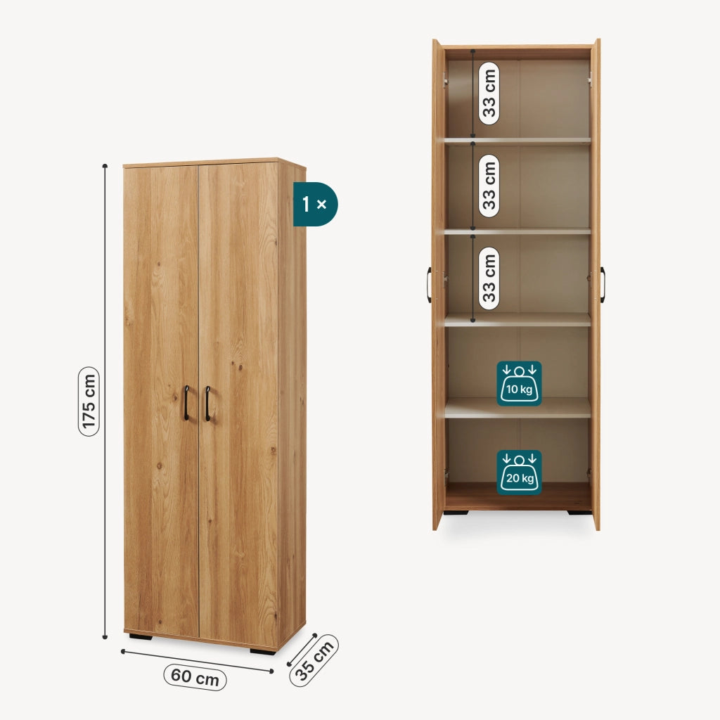 Armadio Multifunzionale Chalvefted a 2 Ante e 5 Ripiani 175x60x35 cm - Effetto Rovere [en.casa]