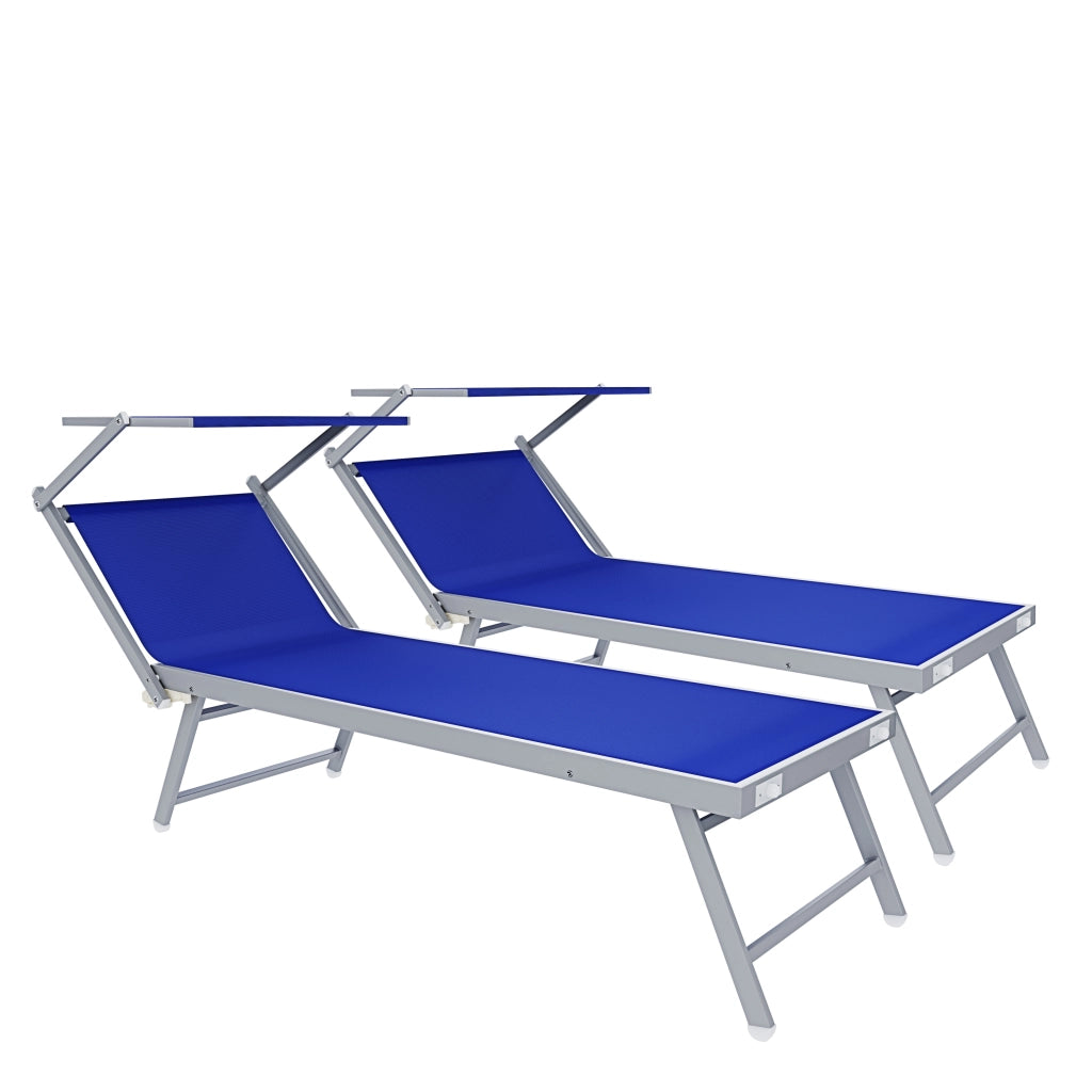 Set 2 Lettini Prendisole Pieghevoli Professionali In Alluminio Leggero Con Tettuccio Parasole Regolabile Sdraio Relax Mare Spiaggia Piscina Giardino Terrazza 182 x 60 x 38 Cm Blu