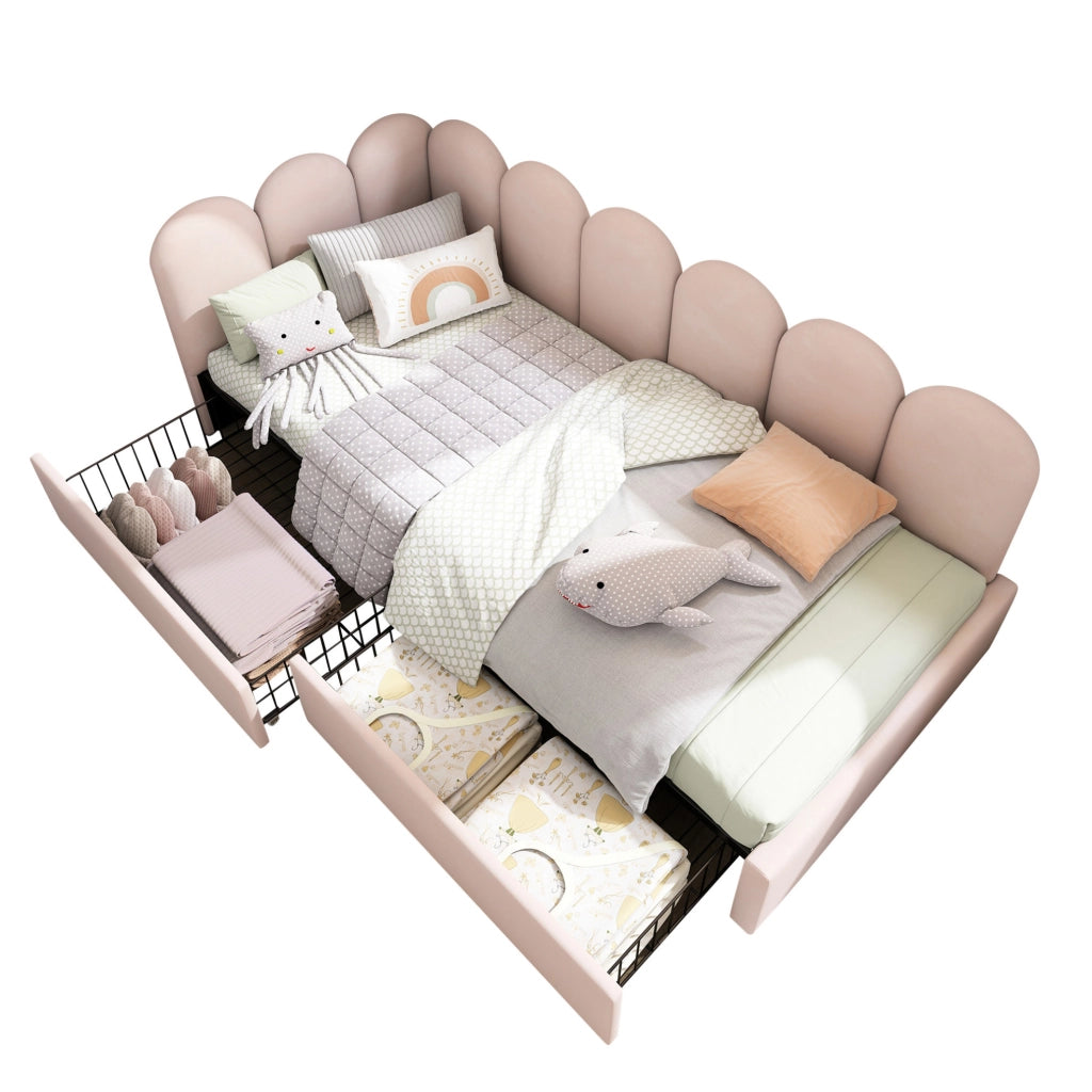 Letto singolo 90x190 cm con 2 cassetti; velluto rosa