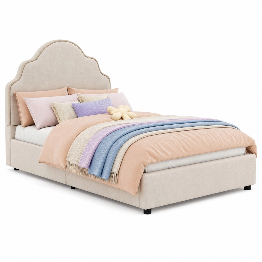 Letto singolo imbottito 90x200 cm con testiera curva, in lino beige, con rete a doghe, senza materasso