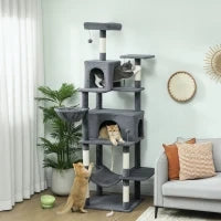 Albero Tiragraffi per Gatti Alto 202 cm con 6 Pali in Sisal, 2 Casette, 2 Amache e Lettino, Grigio
