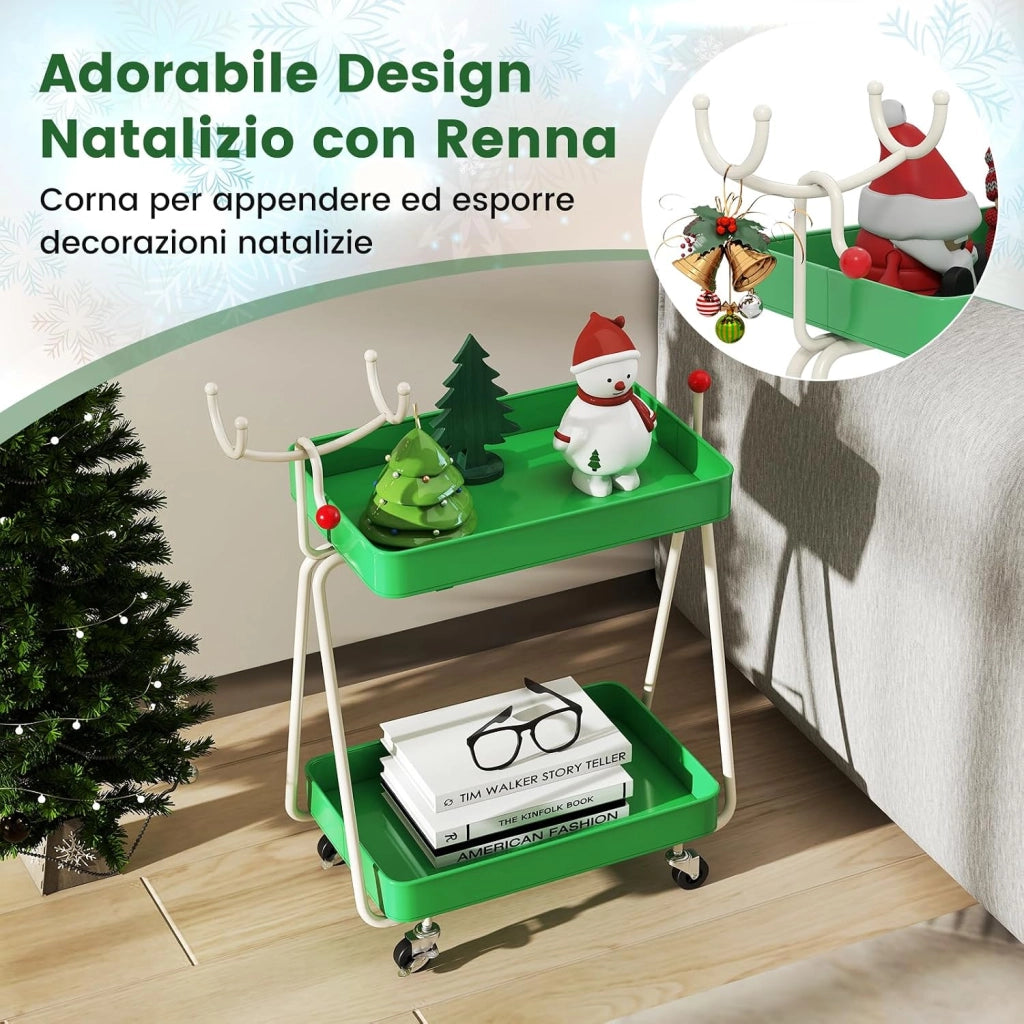Carrello Portaoggetti con Ruote, Carrello Natalizio a 2 Ripiani con Ganci Superiori e Struttura in Metallo, Scaffale Decorativo di Renne, per Cucina, Soggiorno e Bagno, 55,5 x 28,5 x 66,5 cm