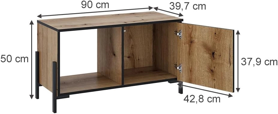 Tavolino da salotto Hatto, Rovere, 90 x 39.7 cm con 1 porta, adatto per riporre e conservare in camera da letto