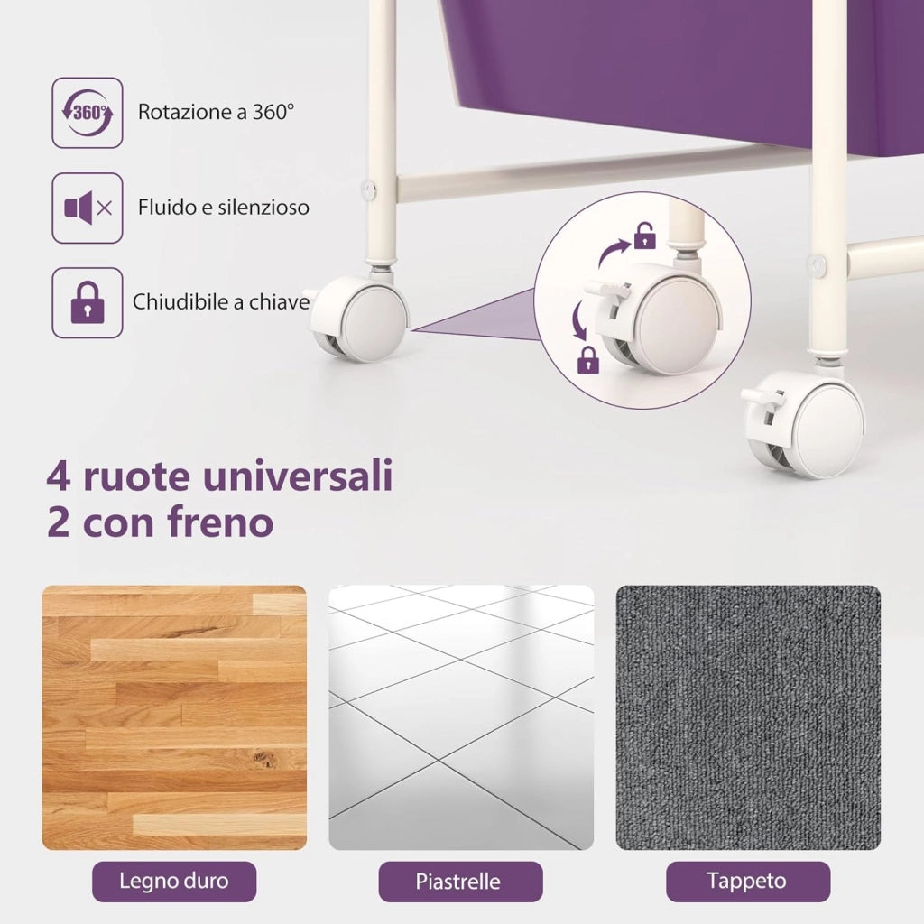 Carrello con 15 Cassetti Impilabili, Carrello di Stoccaggio con Ruote, Carello Portaoggetti per Casa e Ufficio, 62,5 x 37 x 87 cm (Viola)