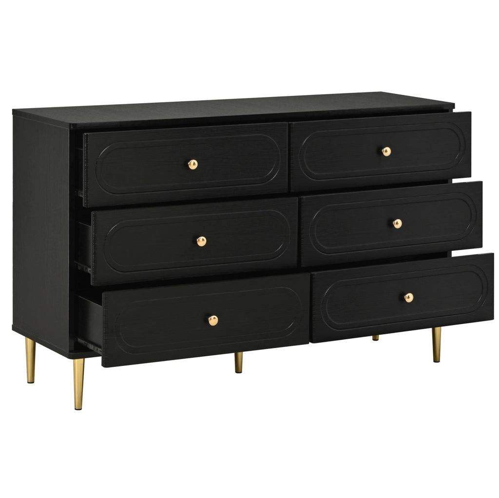 Credenza nera con 6 cassetti e gambe in metallo 120 cm