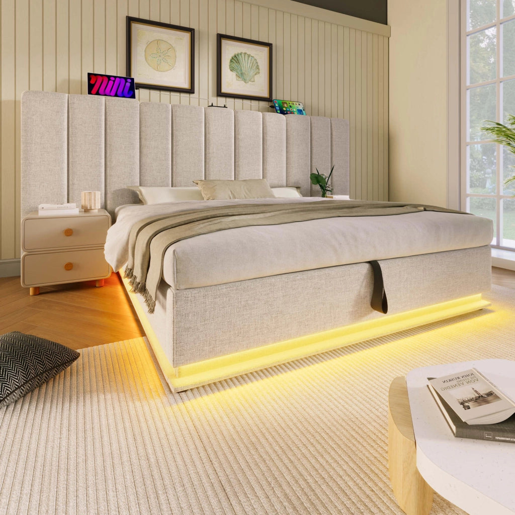 Letto matrimoniale contenitore 180x200 cm con LED 360° e ricarica USB-C; beige