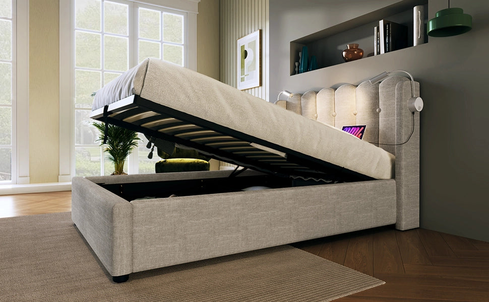 DESMIU Letto contenitore letto singolo 90 × 200 cm 1 posto con USB, luce da lettura e vano, senza materasso