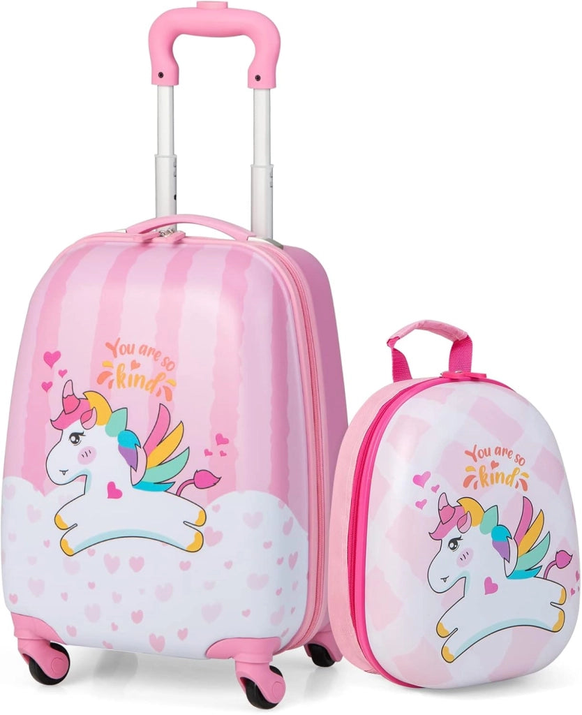 Valigia per bambini con ruote leggere con zainetto, bagaglio cabina bambino con spazio sufficiente per viaggiare, scuola, campeggio, rosa, unicorno