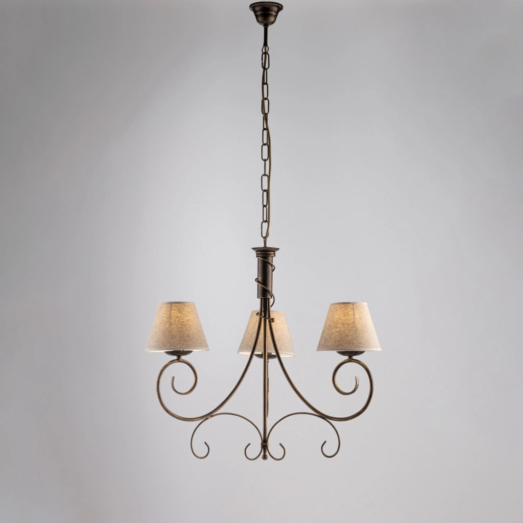 Lampadario in ferro laccato marrone con decorazione oro antico e paralumi diametro 13 in pvc effetto tessuto juta 3 luci