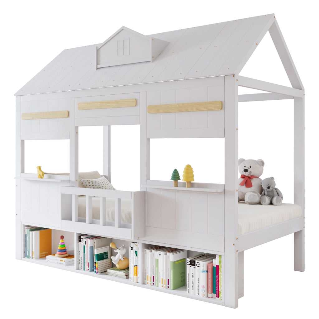 Letto a soppalco per bambini 90 × 200 cm con libreria integrata e struttura stabile, senza materasso, bianco