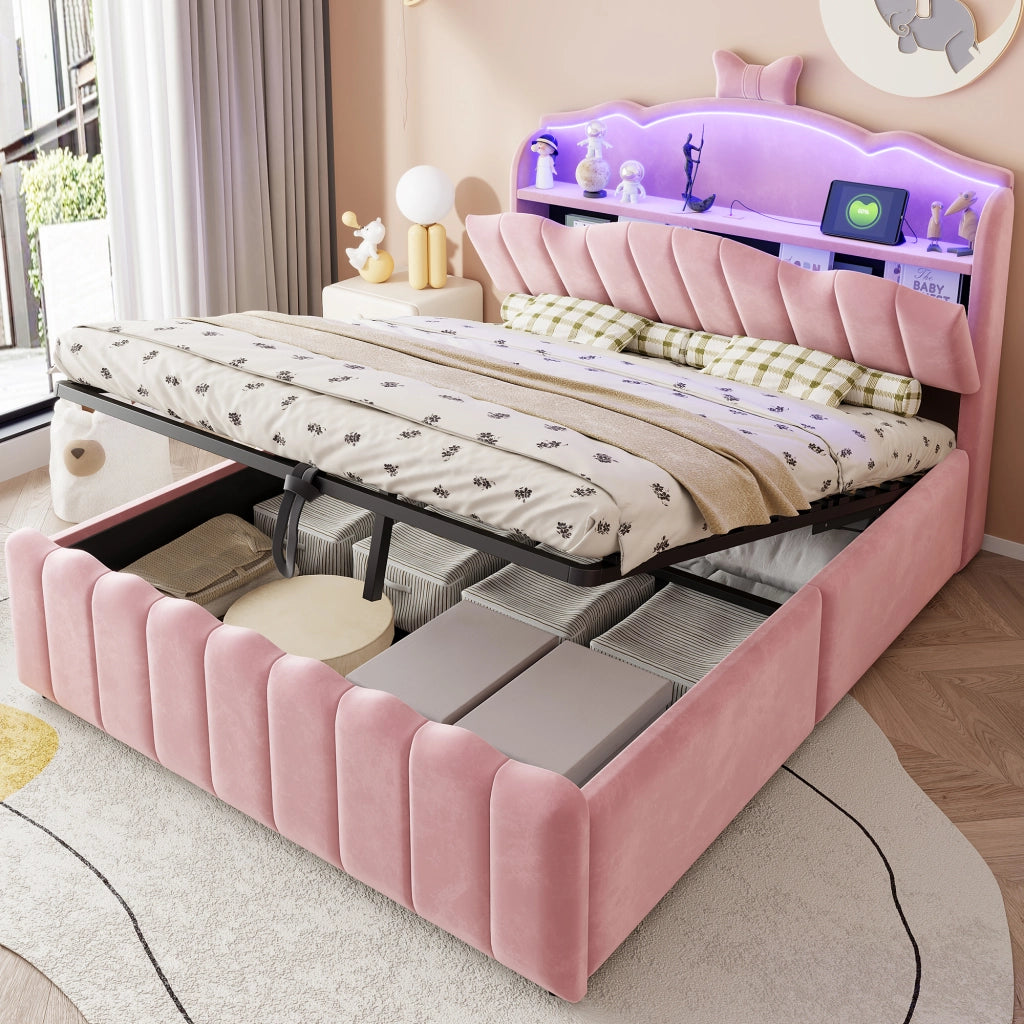 Letto per bambini imbottito 140x200 cm in velluto rosa con contenitore, LED e USB