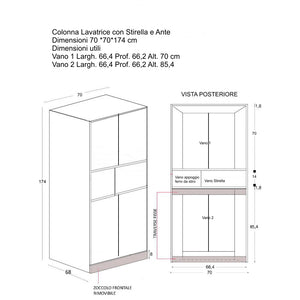 Mobile Lavanderia a Colonna per Lavatrice con Asse da Stiro e Ante Superiori 70x70x174A cm in Nobilitato Unika Grigio