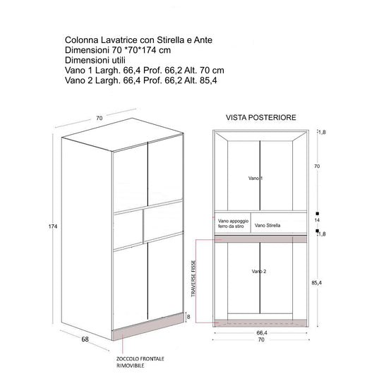 Mobile Lavanderia a Colonna per Lavatrice con Asse da Stiro e Ante Superiori 70x70x174A cm in Nobilitato Unika Grigio