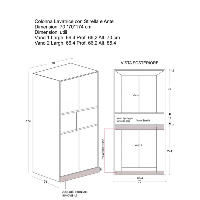 Mobile Lavanderia a Colonna per Lavatrice con Asse da Stiro e Ante Superiori 70x70x174A cm in Nobilitato Unika Grigio