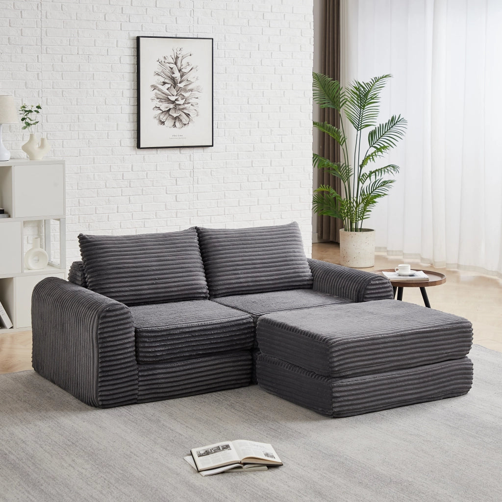 Divano letto modulare in velluto a coste con chaise longue rimovibile e braccioli curvi grigio per soggiorno e relax