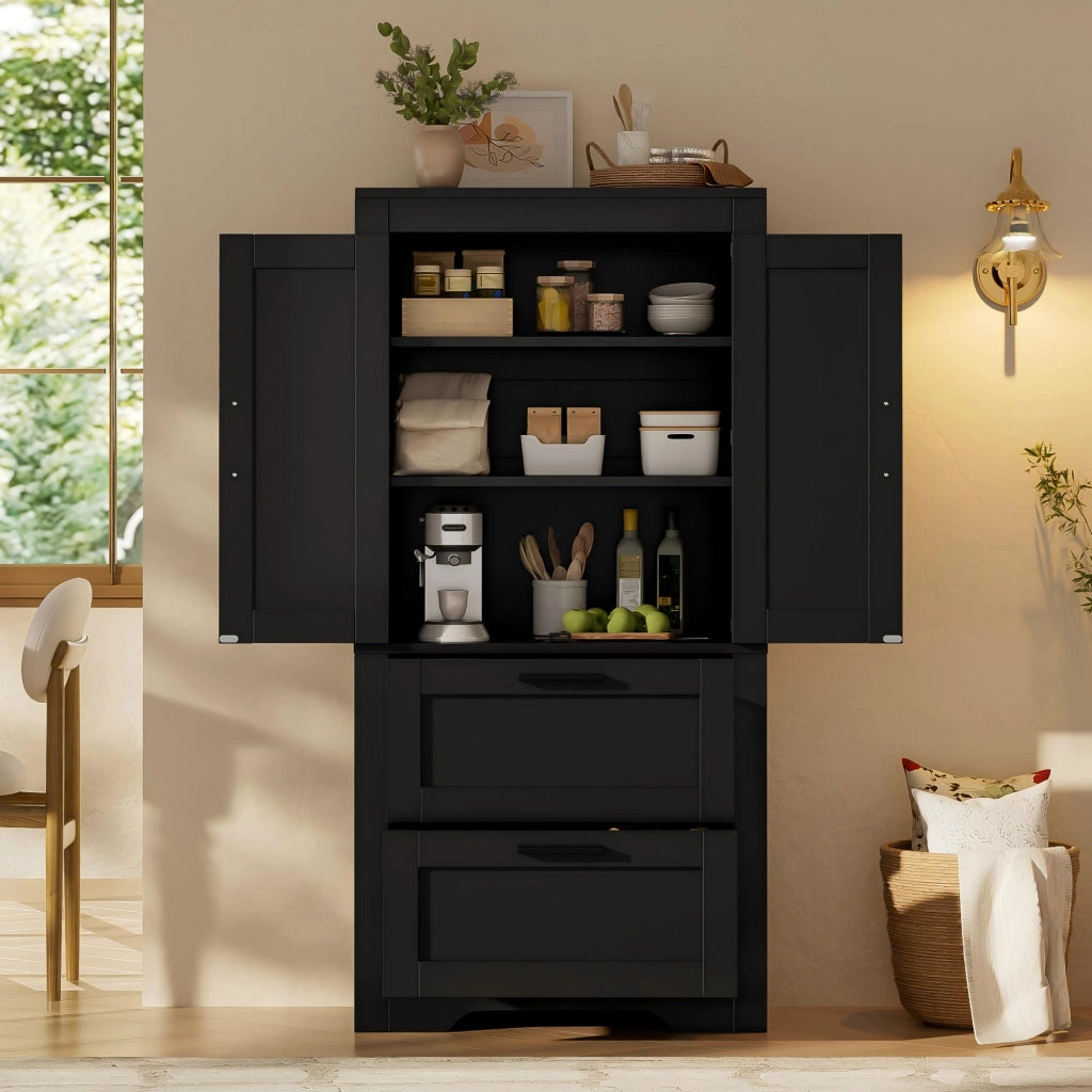 Credenza alta in stile rustico con 2 cassetti e ripiani regolabili per cucina, soggiorno e sala da pranzo in MDF nero