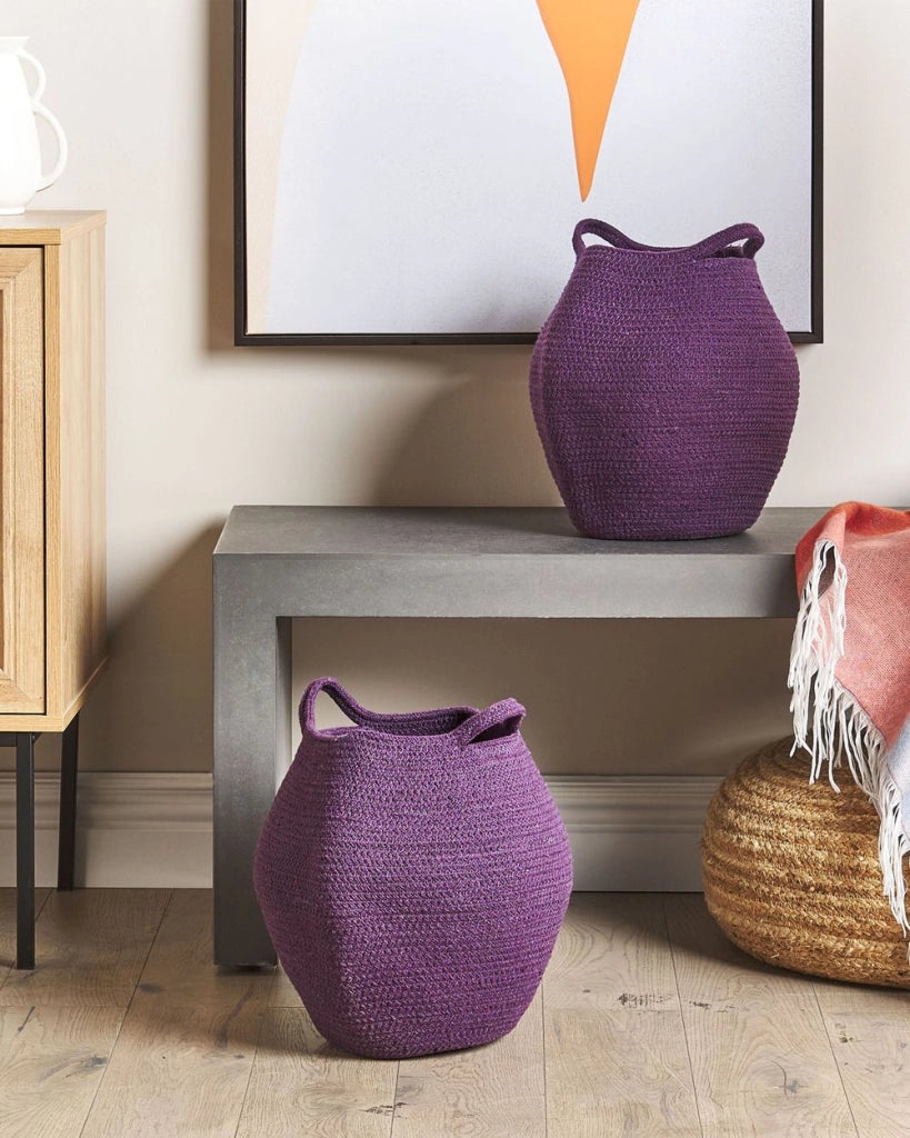 Set di 2 cesti portaoggetti in cotone viola 20 x 30 cm Portabiancheria Contenitori intrecciati a mano