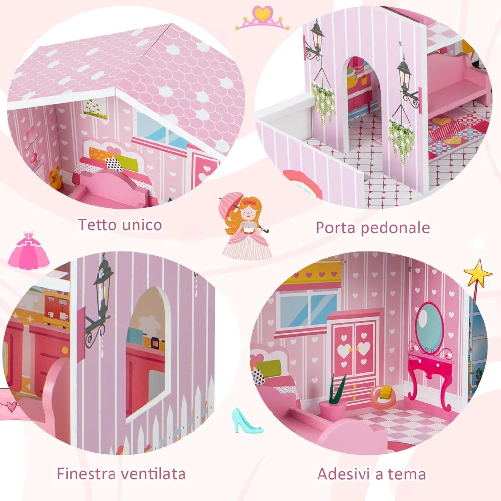 Casa delle Bambole in Legno, Casetta delle Bambini con 5 Stanze e 10 Mobili, 3 Piani, Regalo per Bambini 3+ Anni, 60 x 25 x 70 cm