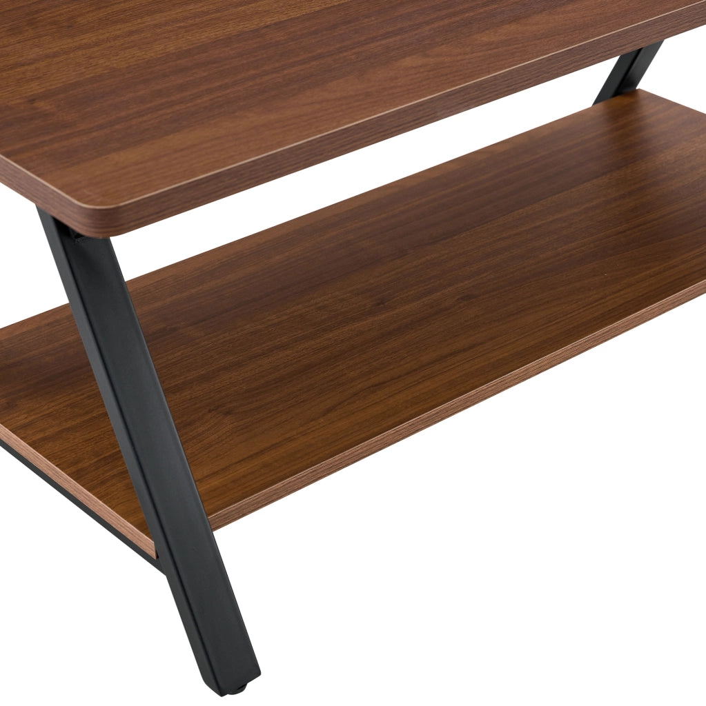 Tavolino da caffè 110x57x44.5 cm con doppio ripiano; MDF e metallo; noce
