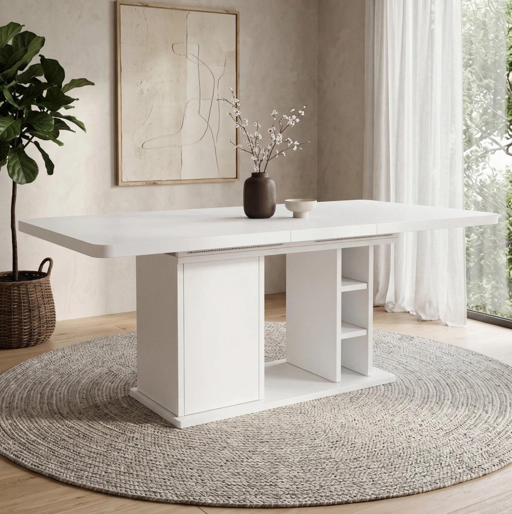Tavolo da pranzo allungabile 140/180x80 cm con contenitore in MDF bianco
