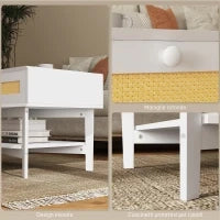 Tavolino da Caffè Boho con 2 Cassetti e Ripiano, in Rattan e Truciolato, 120x50x50 cm, Bianco e color Legno
