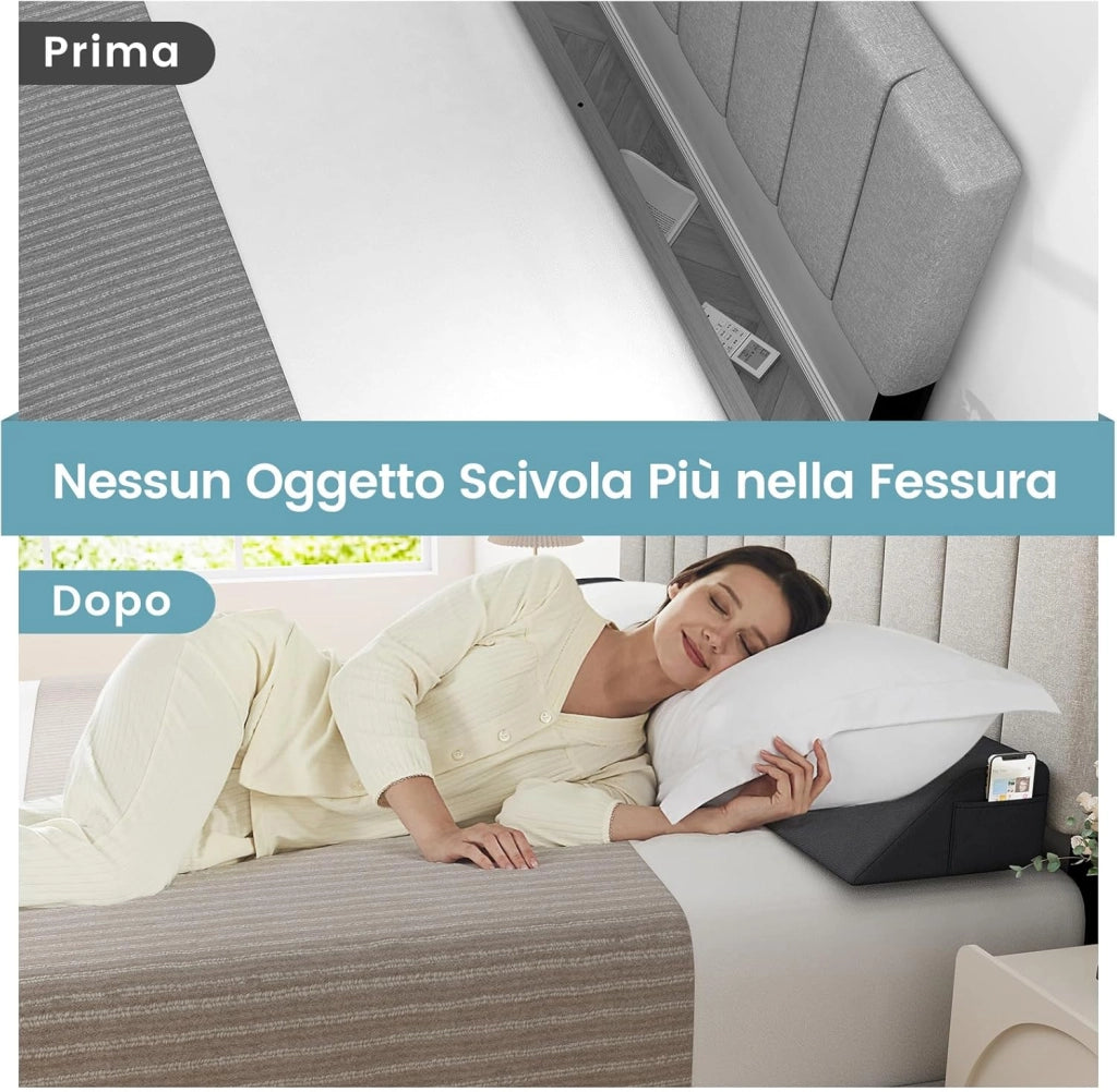 Cuscino a Cuneo per Letto, Cuscino per Testata con 2 Tasche, Cuscino Lungo Trapezoidale per Spazio tra Materasso e Testiera/Parete(0-20 cm)(137 x 25 x 13 cm)